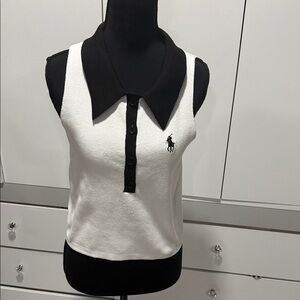 Black and White Sleeveless Polo Top